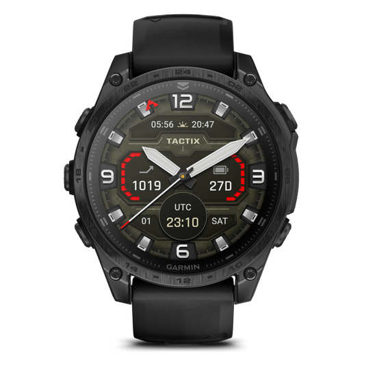Garmin - TACTIX 8 AMOLED 47mm Sapphire ceas multisport cu GPS - ramă neagră Titanium DLC și curea din silicon neagră