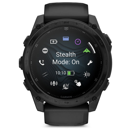 Garmin - TACTIX 8 AMOLED 51 mm Sapphire ceas multisport cu GPS - ramă neagră Titanium DLC și curea din silicon neagră + nailon