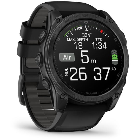 Garmin - TACTIX 8 AMOLED 51 mm Sapphire ceas multisport cu GPS - ramă neagră Titanium DLC și curea din silicon neagră + nailon