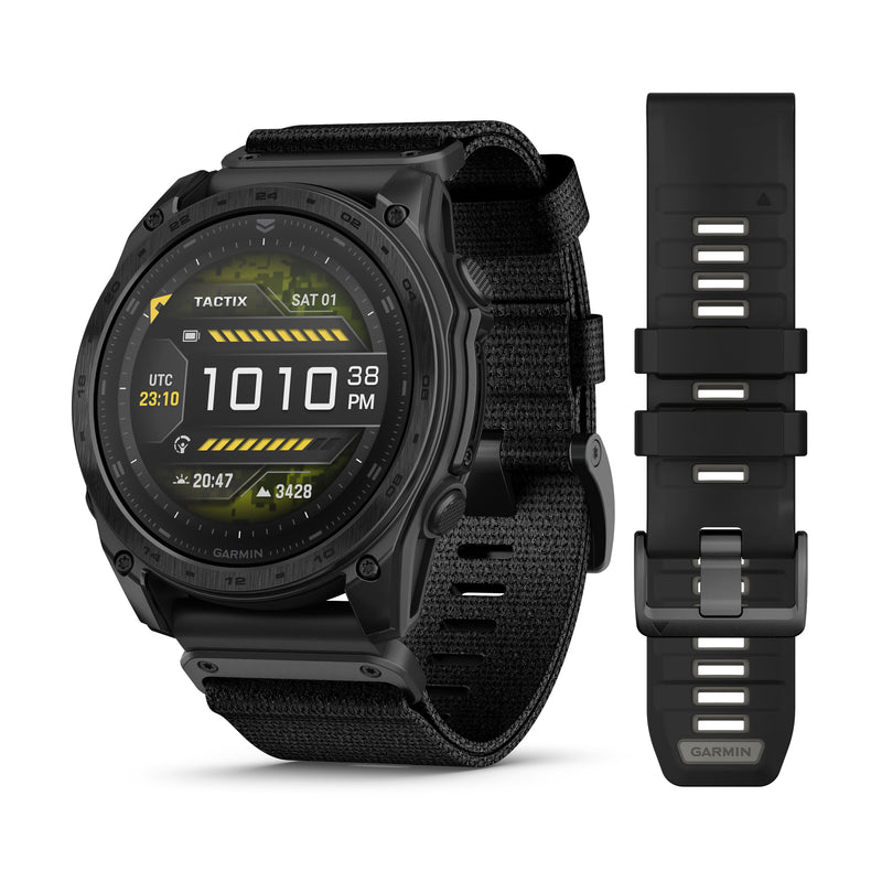 Încărcați imaginea în vizualizatorul Galerie, Garmin - TACTIX 8 AMOLED 51 mm Sapphire ceas multisport cu GPS - ramă neagră Titanium DLC și curea din silicon neagră + nailon

