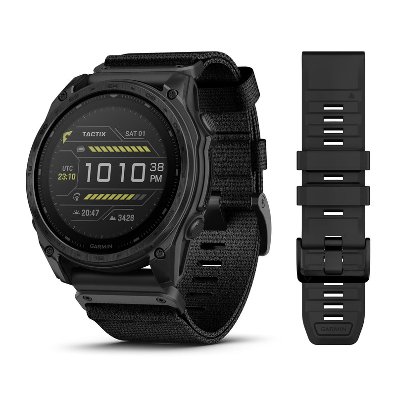 Încărcați imaginea în vizualizatorul Galerie, Garmin - TACTIX 8 SOLAR ELITE 51 mm Sapphire ceas multisport cu GPS - ramă neagră Titanium DLC și curea din silicon neagră + nailon
