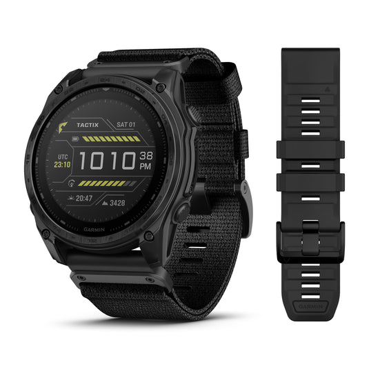 Garmin - TACTIX 8 SOLAR ELITE 51 mm Sapphire ceas multisport cu GPS - ramă neagră Titanium DLC și curea din silicon neagră + nailon