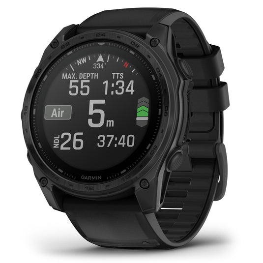 Garmin - TACTIX 8 Solar 51 mm Sapphire ceas multisport cu GPS - ramă neagră Titanium DLC și curea din silicon neagră + nailon