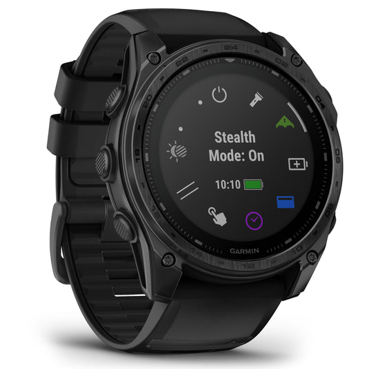 Garmin - TACTIX 8 SOLAR ELITE 51 mm Sapphire ceas multisport cu GPS - ramă neagră Titanium DLC și curea din silicon neagră + nailon